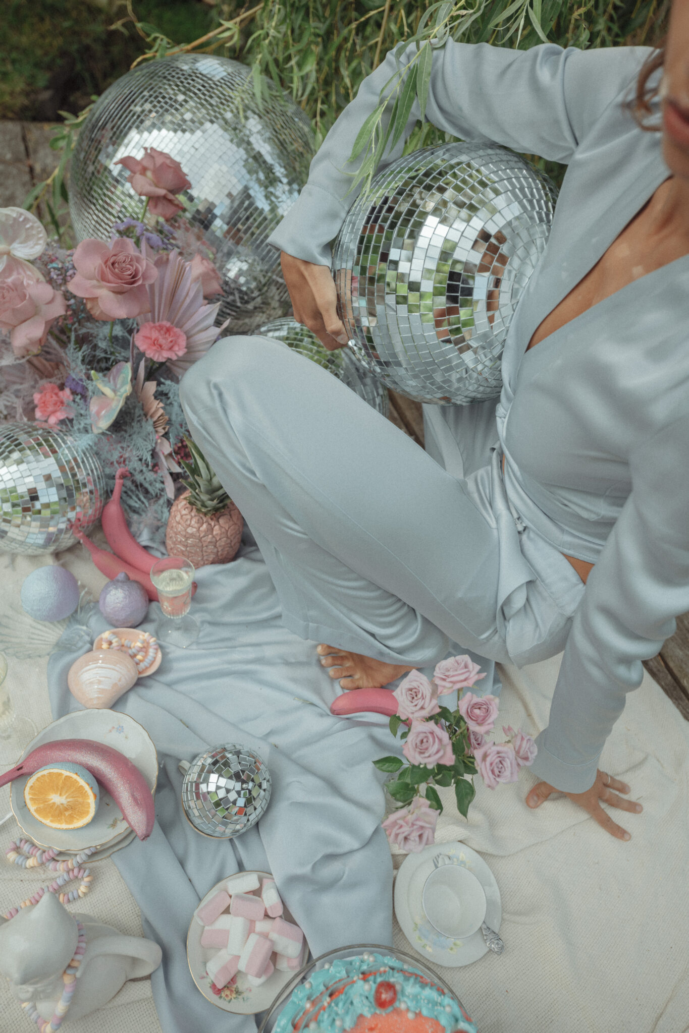 surrealistic picnic with girl in loungewear